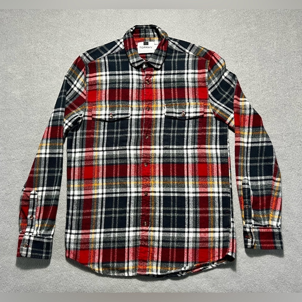Topman Noise‑Print Flannel Shirt Men’s Large Burgundy Check Cotton Graphic Back